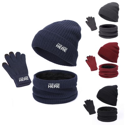 Winter Knitted Beanie Hat Scarf Glove Set